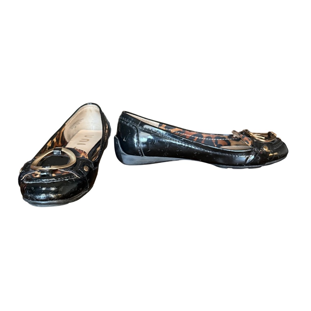 Unisa Black‎ Patent Leather Leopard Trim Buckle Loafers Womens Size 8M - Picture 2 of 6